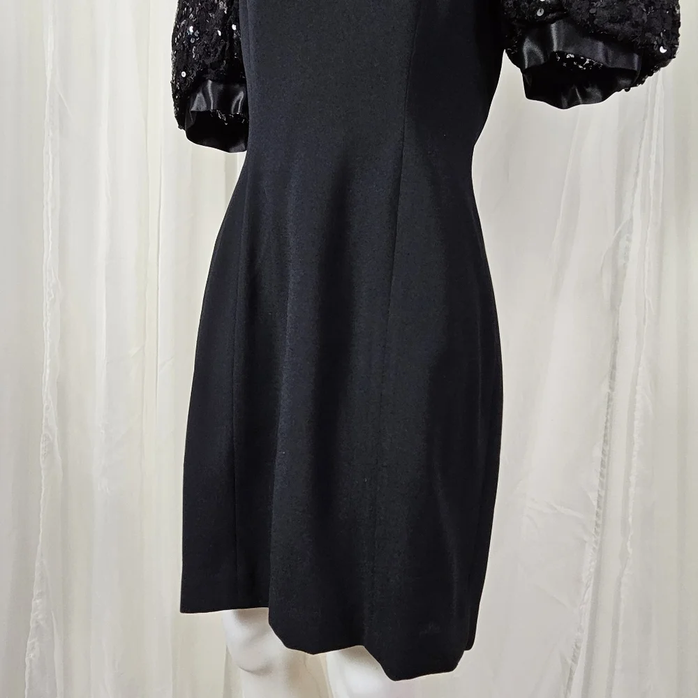 Vintage Morton Myles black sequin puff sleeve cocktail dress sweetheart neckline
